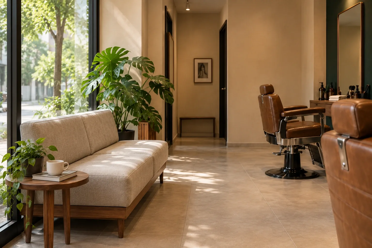 Área de espera conceitual da Barbearia Vértice.
