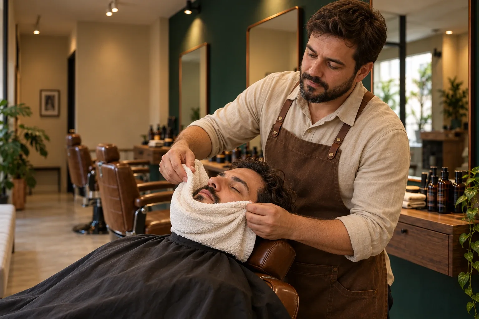 Aplicação de toalha quente durante o cuidado com a barba.