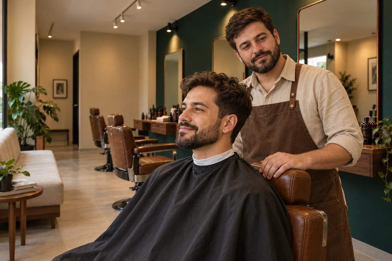 Cliente após atendimento combinado de cabelo e barba.