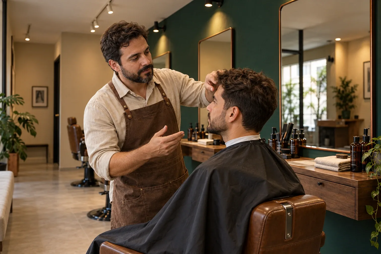 Barbeiro conversando com cliente antes de um corte masculino personalizado.
