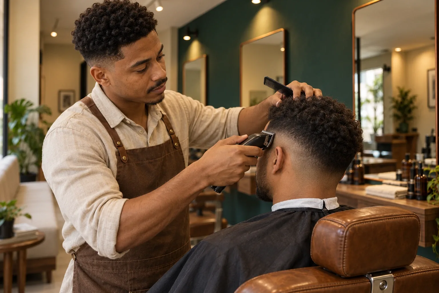 Barbeiro trabalhando um degradê masculino na lateral do cabelo.