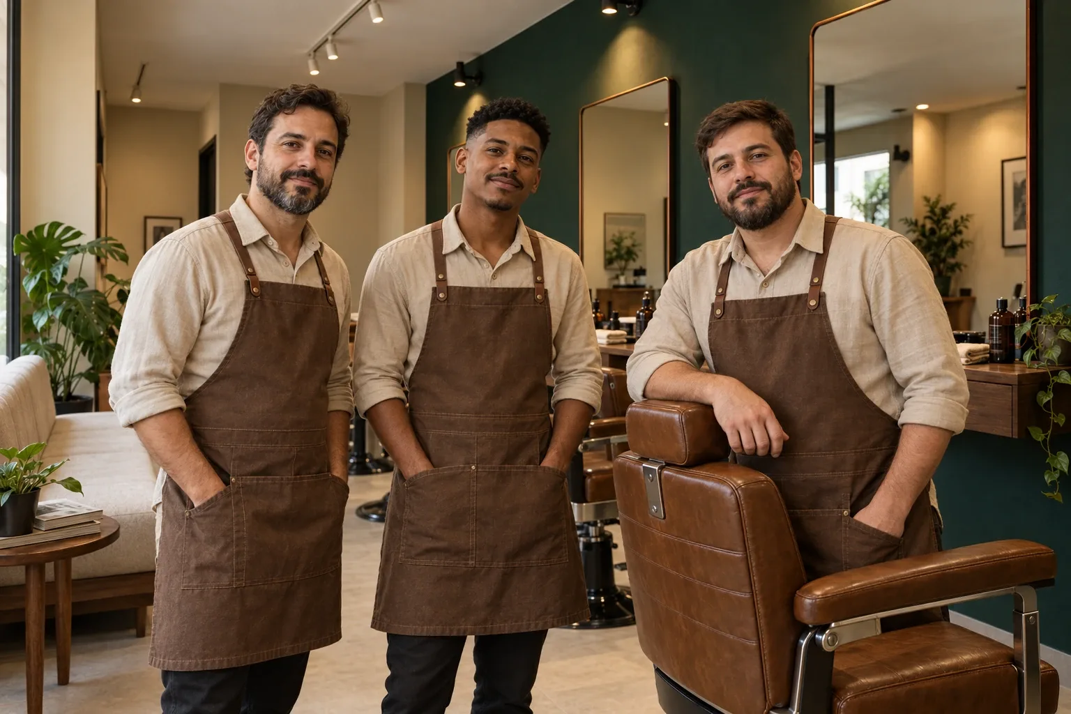 Equipe conceitual da Barbearia Vértice reunida no salão em Goiânia.