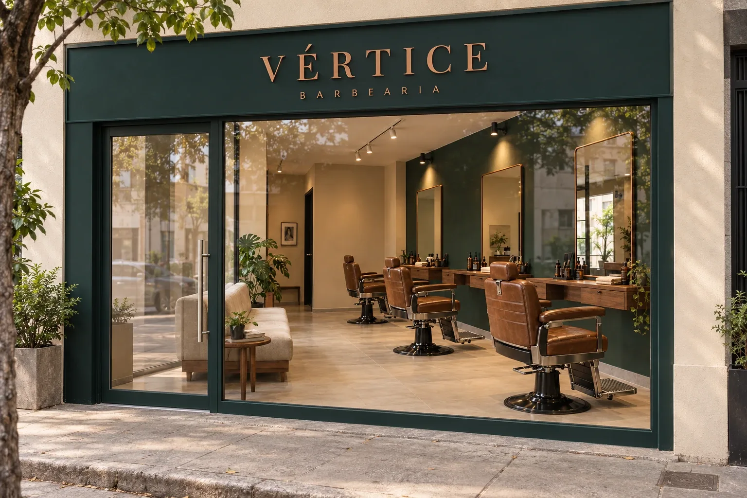 Fachada conceitual da Barbearia Vértice no Setor Bueno.